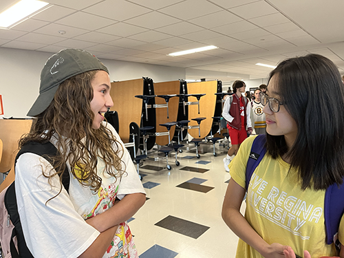 Sequoia Drolet and Joy Zhang share a laugh during spirit week
