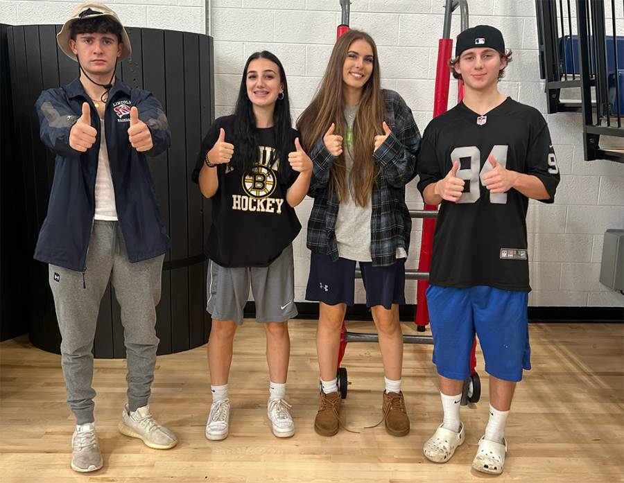 Christain Protano, Jessica Felicio, Kelsey Smith, Colin Falcons are ready to participate in gym in their Adam Sandler outfits!