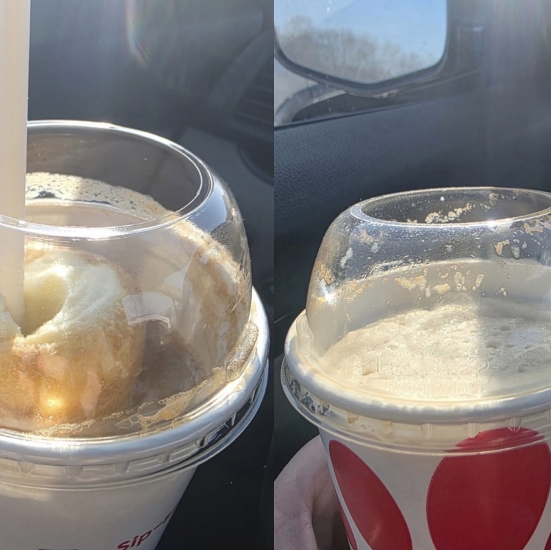 Chick-fil-A root beer float and Dr. Pepper soda slushie.